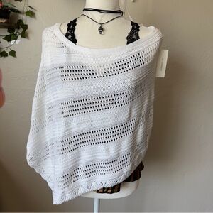 White Crochet Knit Poncho Boho Beach Cover Up Off Shoulder Sweater L